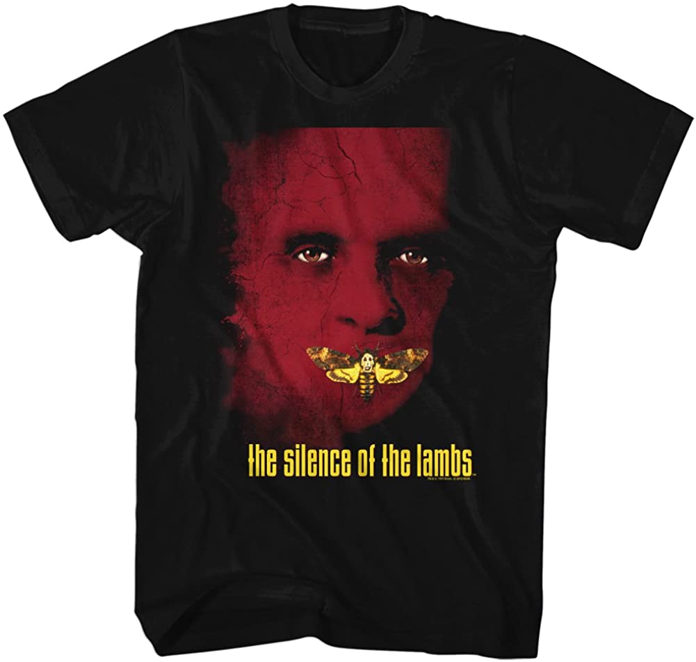 black silence of the lambs movie shirt with red hannibal (anthony hopkins) graphic and the silence of the lambs logo