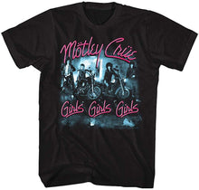 Load image into Gallery viewer, black unisex motley crue sleeveless muscle cut shirt with logo and girls girls girls album cover art and text that reads &quot;girls girls girls&quot;
