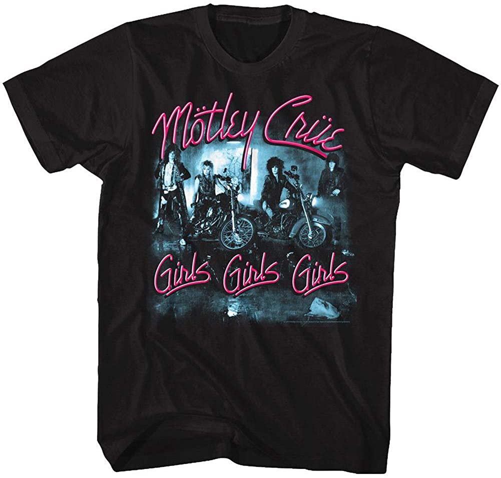 black unisex motley crue sleeveless muscle cut shirt with logo and girls girls girls album cover art and text that reads 
