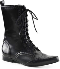 Load image into Gallery viewer, right side view of black vegan leather pointy toe ankle high 1&quot; heel boot with 10 eyelet lace-up front
