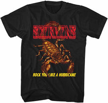 Load image into Gallery viewer, black scorpions band shirt with logo, scorpion graphic and text that reads &quot;rock you like a hurricane&quot;
