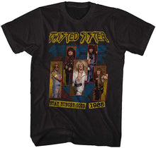 Load image into Gallery viewer, black band shirt with twisted sister logo and full band graphic with text that reads &quot;stay hungry tour 1985&quot;
