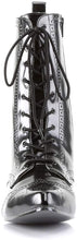 Load image into Gallery viewer, front side view of black vegan leather pointy toe ankle high 1&quot; heel boot with 10 eyelet lace-up front
