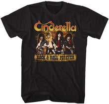 Load image into Gallery viewer, black cinderella band shirt with logo and picture of band with text that reads &quot;rock &amp; roll forever&quot;
