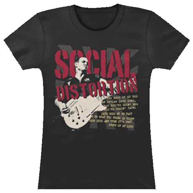 black band shirt with social distortion logo and man playing guitar
