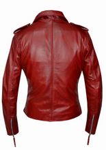 Load image into Gallery viewer, back of Real red leather motorcycle style jacket with snap down label, motorcycle style collar. Epaulets and asymmetrical zipper. Adjustable attached belt.
