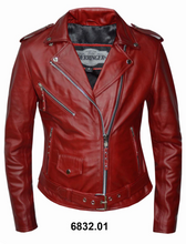 Load image into Gallery viewer, front of Real red leather motorcycle style jacket with snap down label, motorcycle style collar. Epaulets and asymmetrical zipper. Adjustable attached belt.

