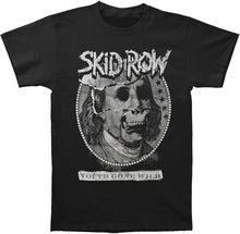Load image into Gallery viewer, black band shirt with skid row logo and benjamin franklin skull graphic with text that reads &quot;youth gone wild&quot;
