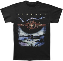 Load image into Gallery viewer, unisex black journey shirt with logo and raised on radio album cover art with text that reads &quot;raised on radio&quot;
