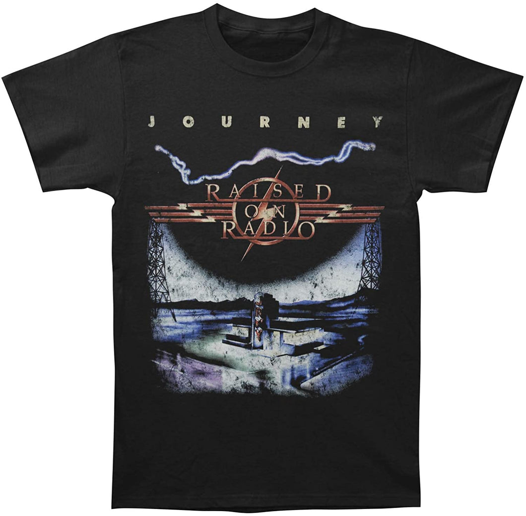unisex black journey shirt with logo and raised on radio album cover art with text that reads 