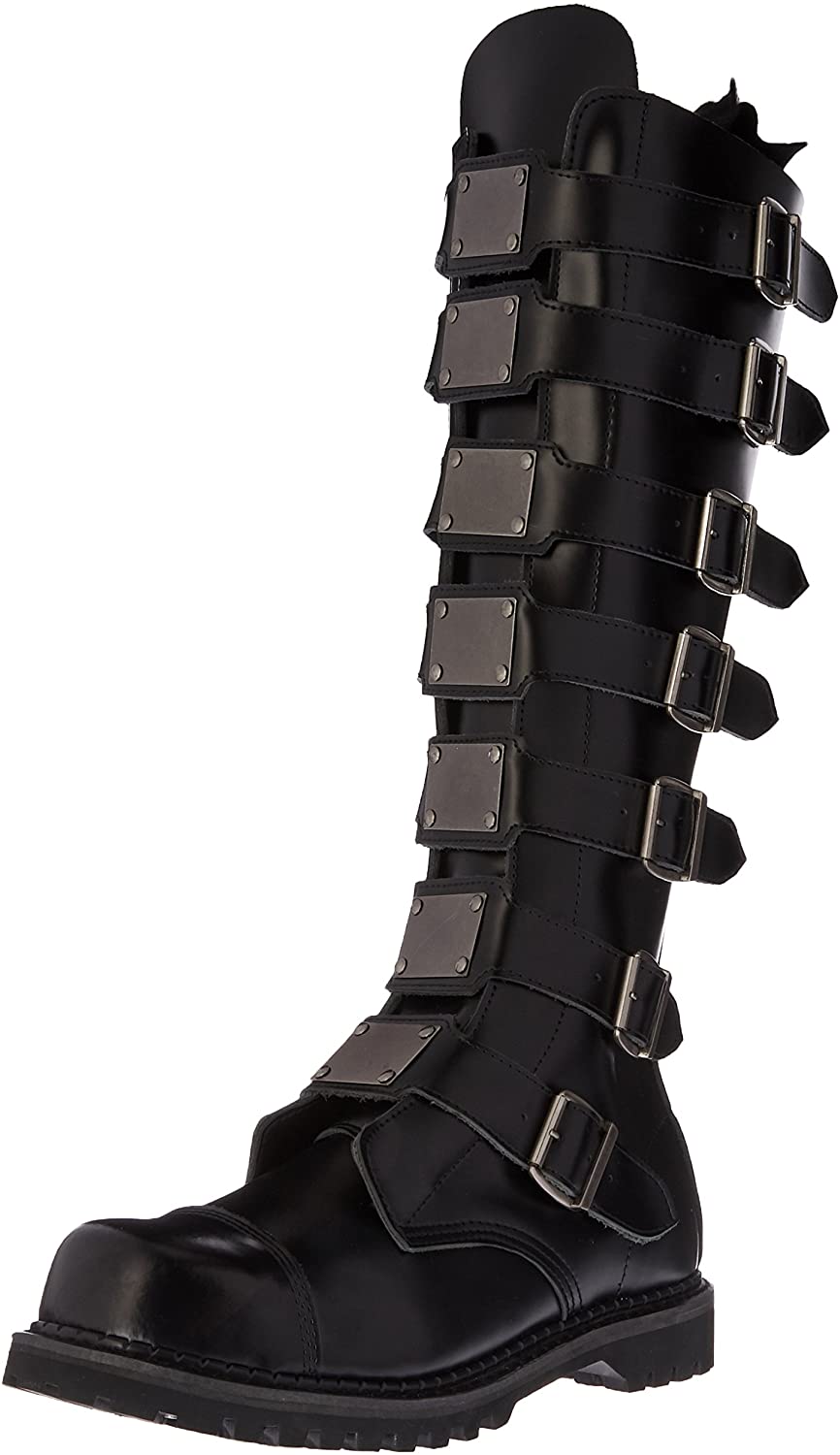 outer view of Real black leather 1 1/2'' heel, 30 eyelet, knee high boot with steel toe, 7 metal plate straps on front and full inner side zipper.
