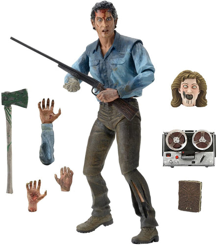 Evil Dead 2 Ash Williams (Bruce Campbell) action figure. Figure comes with 2 interchangeable heads, interchangeable right forearms, severed possessed hand, Sheila head, Necronomicon, tape recording machine, shotgun and axe. Action figure is in a window friendly box perfect for collectors.