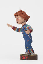 Load image into Gallery viewer, side of Head knocker bobble head of Chucky from Child&#39;s Play 2. Chucky has his right hand up, mouth open as if he is yelling, and in his left hand is clutching a knife. Chucky stands on a small round platform that reads &quot;CHUCKY&quot; in red letters on the front.
