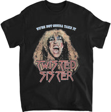 Load image into Gallery viewer, black band shirt with twisted sister logo and dee snider graphic with text that reads &quot;we&#39;re not gonna take it&quot;
