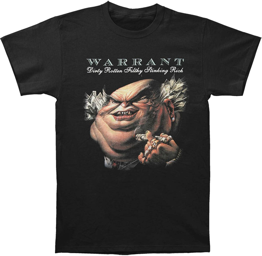 black band shirt with warrant logo and dirty rotten filthy stinking rich album cover art