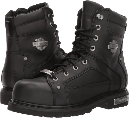 black leather ankle height boots with harley davidson metal emblem on side