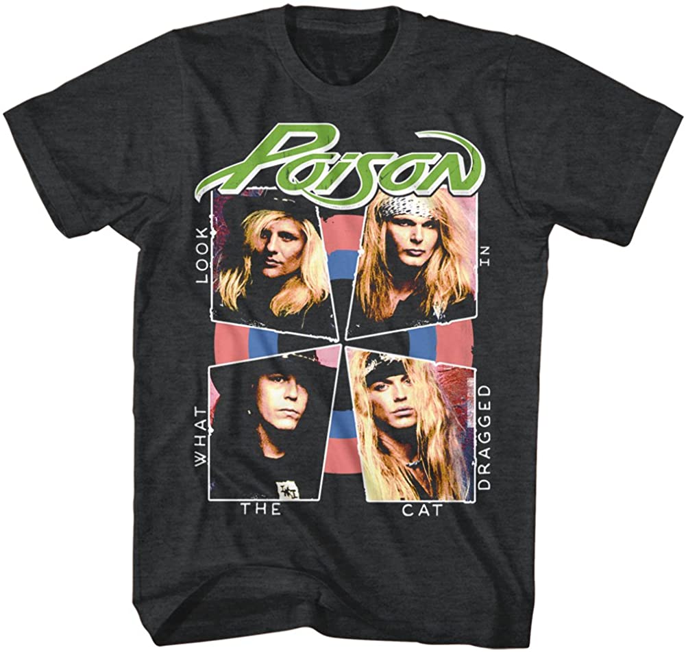 gray/black unisex poison shirt with green logo on top, band collage photo in the middle, and white text around graphic that reads 