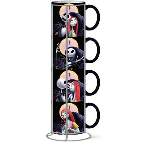 Four mug stack of four different pictures of Nightmare Before Christmas Jack and Sally. Each mug can hold 10 oz. of liquid. Mugs stack on top of each other and sit inside of a wire holder. 