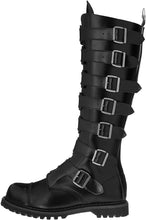 Load image into Gallery viewer, outer side view Real black leather 1 1/2&#39;&#39; heel, 30 eyelet, knee high boot with steel toe, 7 metal plate straps on front and full inner side zipper.
