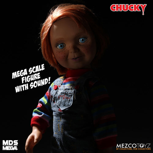 Chucky good guy doll with classic striped shirt and overalls.