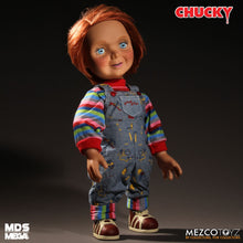 Load image into Gallery viewer, Chucky good guy doll with classic striped shirt and overalls.
