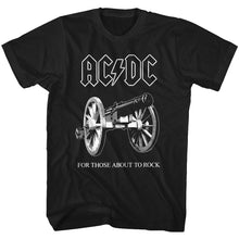 Load image into Gallery viewer, black acdc band shirt with logo and for those about to rock album cover art with text that reads &quot;for those about to rock&quot;
