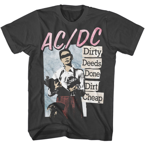 smoke gray acdc band shirt with logo and dirty deeds done dirt cheap album art graphic with text that reads 