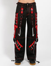 Load image into Gallery viewer, front of Black and red pants feature red stitching, removable straps, adjustable ankles, D-rings, clasps, and deep pockets.
