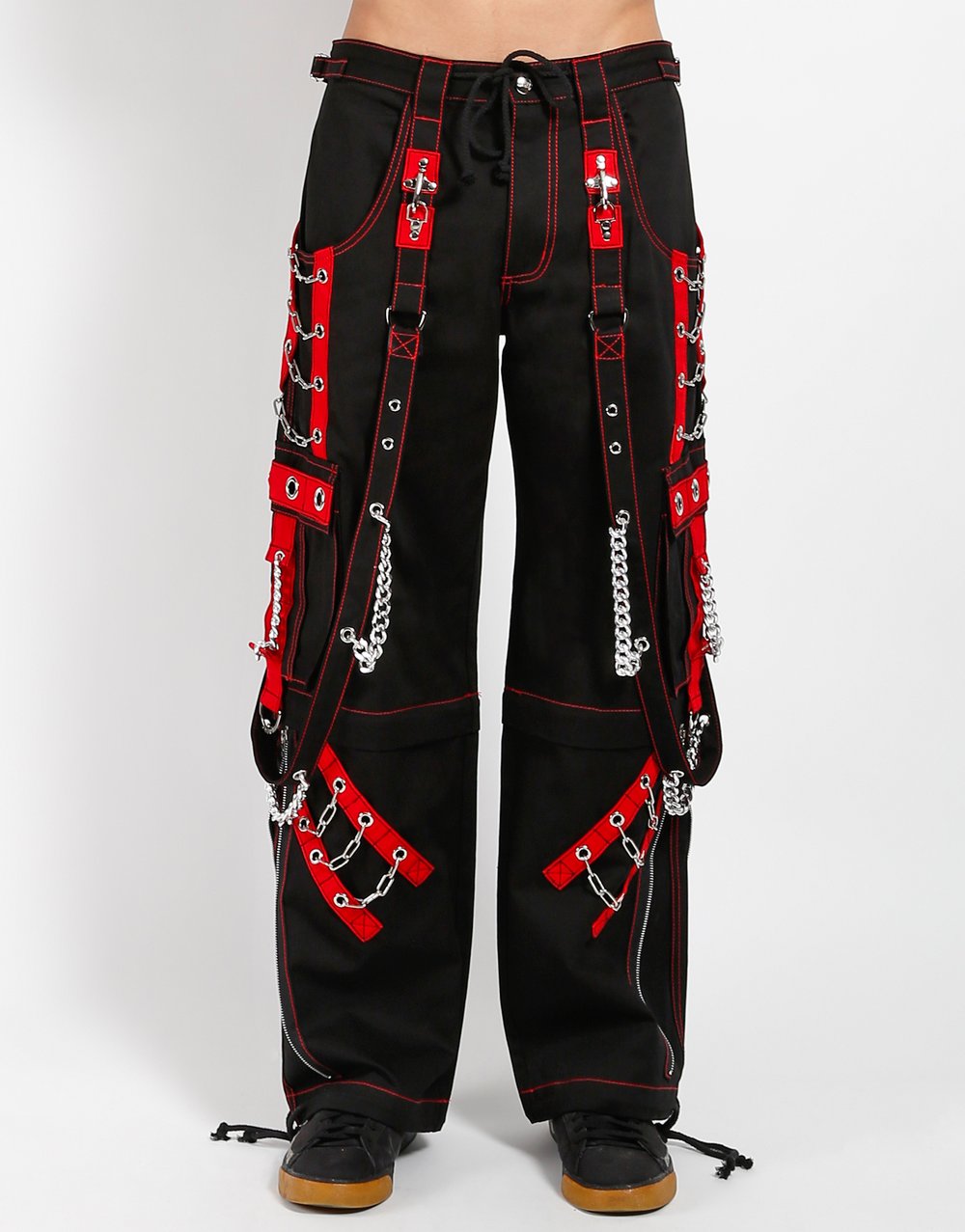 front of Black and red pants feature red stitching, removable straps, adjustable ankles, D-rings, clasps, and deep pockets.