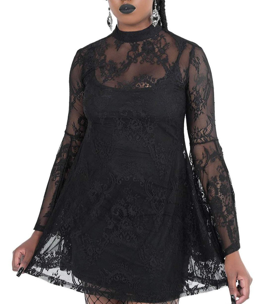 front view of black long sleeve custom soft touch lace mid-thigh dress with high neckline and statement exaggerated sleeves and keyhole back.