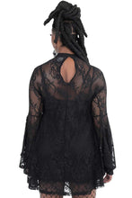Load image into Gallery viewer, back view of black long sleeve custom soft touch lace mid-thigh dress with high neckline and statement exaggerated sleeves and keyhole back.
