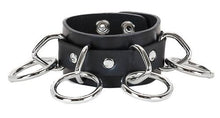 Load image into Gallery viewer, black leather bracelet with five silver d rings with five hanging silver o rings attached

