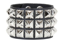 Load image into Gallery viewer, Black leather bracelet with three rows of silver pyramid studs.
