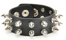 Load image into Gallery viewer, black leather bracelet with two rows of half inch silver spike studs
