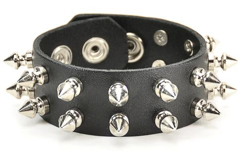 black leather bracelet with two rows of half inch silver spike studs