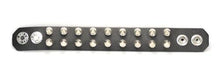 Load image into Gallery viewer, black leather bracelet with two rows of half inch silver spike studs showing snap closure
