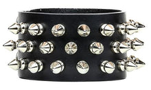 Load image into Gallery viewer, black leather bracelet with three rows of multiple silver spikes
