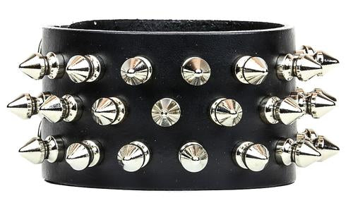 black leather bracelet with three rows of multiple silver spikes