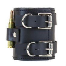 Load image into Gallery viewer, Black leather bracelet five brass bullets.

