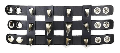 black bracelet with three rows of strappy leather pieces and three rows of silver claw spikes. shows snap closure