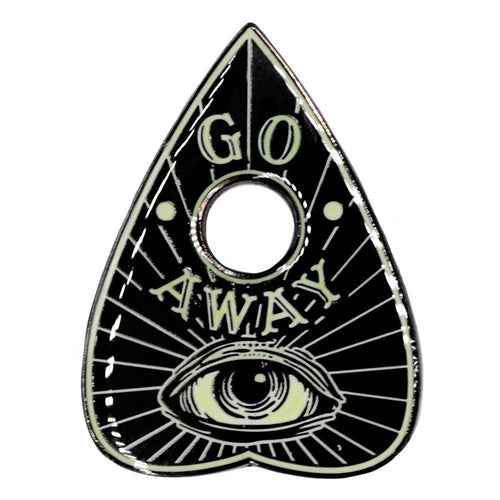 glow in the dark ouija board pin with text that reads 