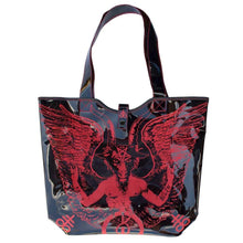 Load image into Gallery viewer, See-through black PVC beach tote. Bag has red Baphomet print on it. Bag has a double handle and snap closure.
