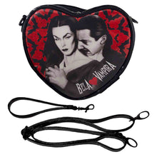 Load image into Gallery viewer, bela lugosi and vampira graphic with black and red bats on heart shaped purse
