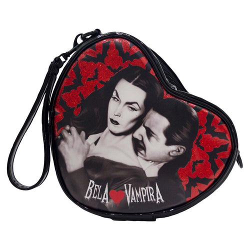 bela lugosi and vampira graphic with black and red bats on heart shaped purse