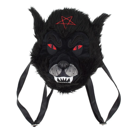 wolfhead plush purse with inverted pentagram on front of head