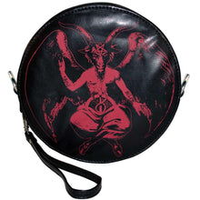 Load image into Gallery viewer, front of Round black vegan leather wristlet purse with a red baphomet print on the front and satanic symbols printed on the back. 
