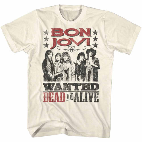 white bon jovi shirt with band picture and text that reads 