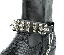 Load image into Gallery viewer, boot displaying black leather boot strap with three rows of half inch and one inch silver spikes and silver hanging chain
