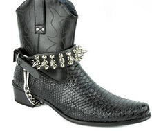 Load image into Gallery viewer, boot displaying black leather boot strap with three rows of half inch and one inch silver spikes and silver hanging chain
