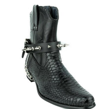 Load image into Gallery viewer, black leather bootstrap with multiple 1&quot; silver spikes and silver hanging chain
